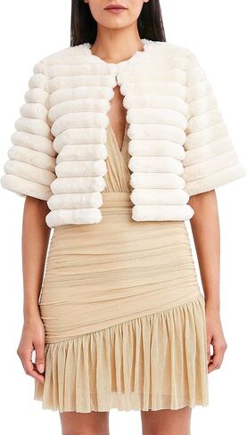 BCBGMAXAZRIA Women's Crew Neck Relaxed Faux Fur Shrug with Elbow Sleeves in Saudi Arabia