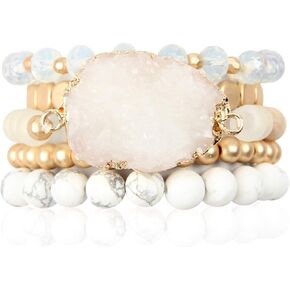 RIAH FASHION Bohemian Acrylic Druzy Multi-Layer Bead Statement Bracelet - Versatile Faux Stone Pendant Stretch Strand Stackable Cuff Bangle Set Sparkly Crystal in Saudi Arabia