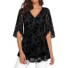 Bebonnie Womens Bell Sleeve V Neck Floral Mesh Flowy Blouses Dressy Tops