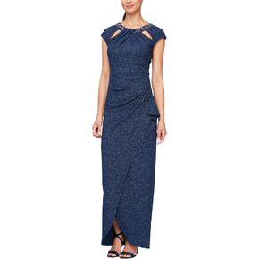 S.L. Fashions Women's Cap Sleeve Long Dress Keyhole Neck Flattering Ruched Waist