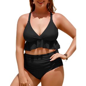 Yonique Women Plus Size Two Piece Swimsuits High Waisted Bikini Set Tummy Control Bathing Suits Ruffle Swimwear