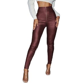 سروال ضيق نسائي من MakeMeChic مصنوع من الجلد الصناعي المعدني عالي الخصر وسحاب أمامي in Kuwait