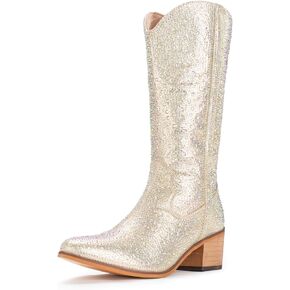 IUV Women Rhinestone Cowboy Boots Sparkly Western Cowgirl Boots glitter boots Embroidered Knee High Chunky Heel Mid Calf with Side Zipper