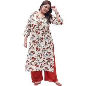 Tissu Women's Plus Size Cream & Orange Printed Kurta with Palazzo in Saudi Arabia