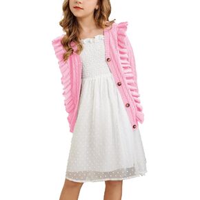 Arshiner Girls Cardigan Sweaters Ruffle School Uniform Sweater V Neck Button Front Outerwear 4-13 Years
