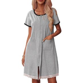 Ekouaer Womens Zip Front Robes Lightweight House Coat Zipper Nightgown(S-3XL)