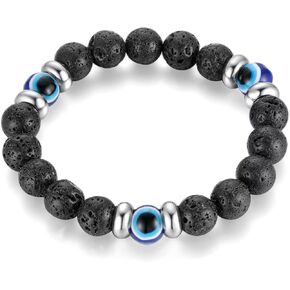 BIYONGDE 10MM Mat Black Bead Chain Bangle Bracelet Steel Beads Evil Eye Protection Charm, Stretchable, Prayer