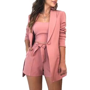3 Piece Blazer Sets for Women Open Front Button Blazer + Crop Tops + Shorts Bottoms with Belt Business Suit Sets in Saudi Arabia