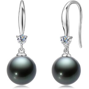 Tahitian Black Pearl Earrings for Women, 925 Sterling Silver Genuine Tahitian Cultured Pearl Drop Earrings Jewelry Gift for Women Wife Mom Daughter