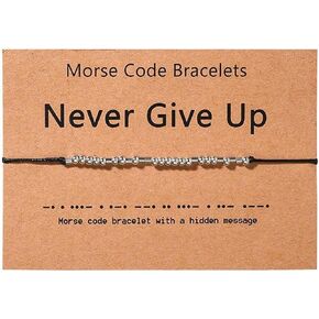 Code Bracelet for Women Men Adjustable Stainless Steel Morse Cord Friendship Inspiration Wish String Bracelet Dainty Beads Never Give Up Encouragement Jewelry Gifts for Him Her