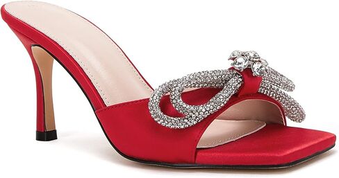 VETASTE Women's Heeled Sandals Square Open Toe Double Bow Satin Mules Heels Wedding Party Slip on Stilettos in Kuwait