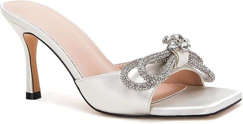 VETASTE Women's Heeled Sandals Square Open Toe Double Bow Satin Mules Heels Wedding Party Slip on Stilettos in Kuwait