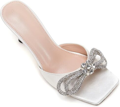 VETASTE Women's Heeled Sandals Square Open Toe Double Bow Satin Mules Heels Wedding Party Slip on Stilettos in Kuwait