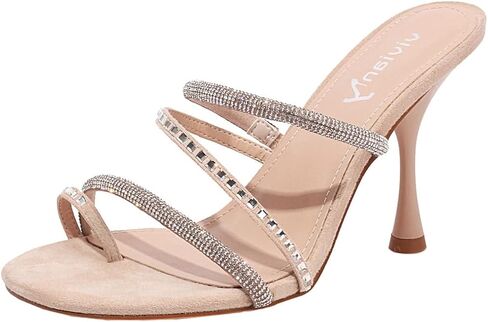 vivianly Women's Rhinestone Strappy Heel Square Open Toe Slide Sandals Party Wedding Shoes in Kuwait