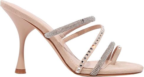 vivianly Women's Rhinestone Strappy Heel Square Open Toe Slide Sandals Party Wedding Shoes in Kuwait