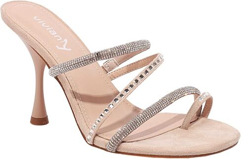 vivianly Women's Rhinestone Strappy Heel Square Open Toe Slide Sandals Party Wedding Shoes in Kuwait