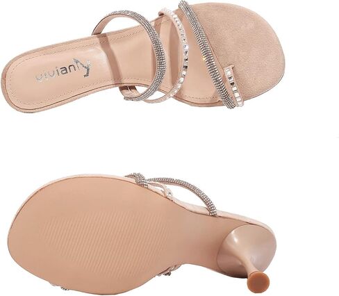 vivianly Women's Rhinestone Strappy Heel Square Open Toe Slide Sandals Party Wedding Shoes in Kuwait