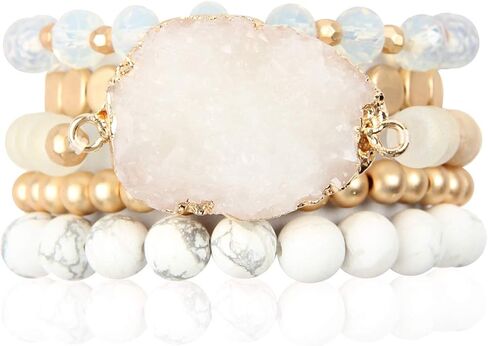 RIAH FASHION Bohemian Acrylic Druzy Multi-Layer Bead Statement Bracelet - Versatile Faux Stone Pendant Stretch Strand Stackable Cuff Bangle Set Sparkly Crystal in Kuwait