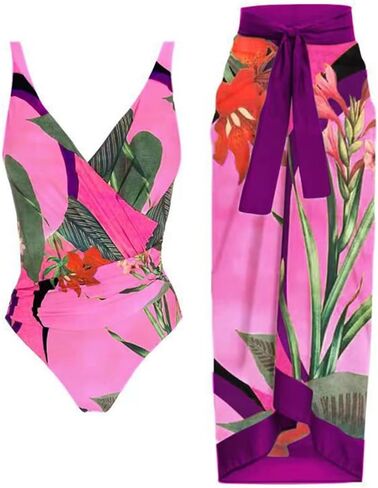 IDOPIP Women's One Piece Swimsuit with Beach Cover up Wrap Skirt Sarong Retro Floral Print Bikini Set Two Piece Bathing Suit in Kuwait