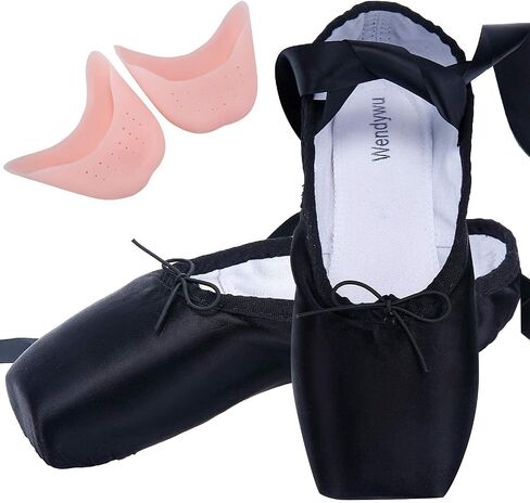 WENDYWU Girls Womens Dance Shoe Pink Ballet Pointe Slippers Ballet Flats Shoes with Ribbons Toe Pads Black Pink Red in Kuwait