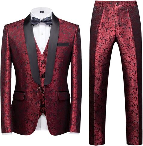 بدلة MOGU الرجالية المكونة من 3 قطع بقصة ضيقة وشال وطية صدر السترة لحفلات الزفاف اليومية (بدلة سترة + بنطلون + سترة) in Kuwait