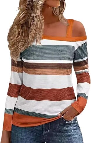 AIMITAG Women's Cold Shoulder T-Shirt Color Block Long Sleeve Casual Blouse Tunic Tops Fashion Basic Shirts in Kuwait