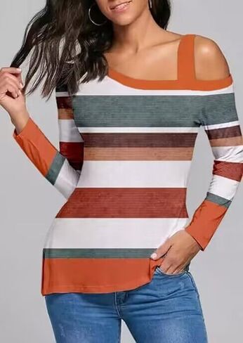 AIMITAG Women's Cold Shoulder T-Shirt Color Block Long Sleeve Casual Blouse Tunic Tops Fashion Basic Shirts in Kuwait