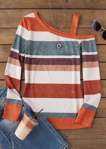 AIMITAG Women's Cold Shoulder T-Shirt Color Block Long Sleeve Casual Blouse Tunic Tops Fashion Basic Shirts in Kuwait