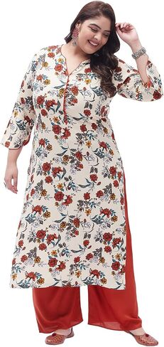 Tissu Women's Plus Size Cream & Orange Printed Kurta with Palazzo in Saudi Arabia