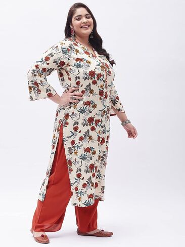 Tissu Women's Plus Size Cream & Orange Printed Kurta with Palazzo in Saudi Arabia