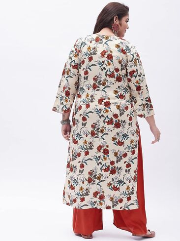 Tissu Women's Plus Size Cream & Orange Printed Kurta with Palazzo in Saudi Arabia