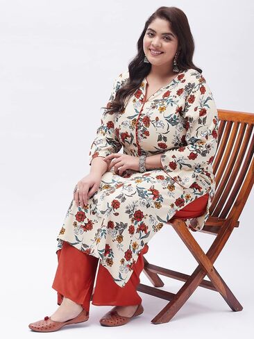 Tissu Women's Plus Size Cream & Orange Printed Kurta with Palazzo in Saudi Arabia