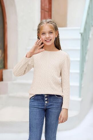 Ebifin Girls Sweaters Kids Long Sleeve Crewneck Fall Knit Tops Cute Pullover Jumper Shirts 5-14 Years in Kuwait