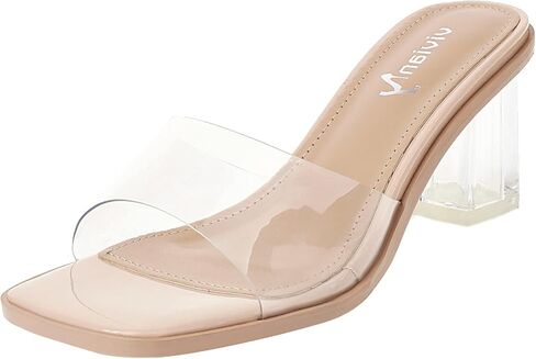 vivianly Womens Clear Heels Sandals Transparent Chunky Heels Backless Open Toe Slip on Mules Heeled Slipper Dress Shoes in Kuwait