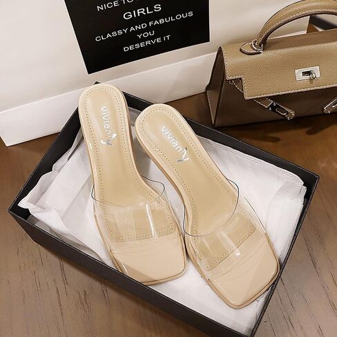 vivianly Womens Clear Heels Sandals Transparent Chunky Heels Backless Open Toe Slip on Mules Heeled Slipper Dress Shoes in Kuwait