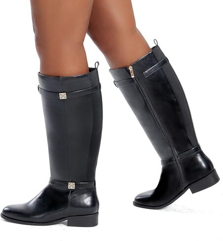 حذاء نسائي من RELLSA بكعب منخفض للركبة حذاء برقبة واسعة وحزام بإبزيم لركوب الخيل حذاء برقبة مستديرة عند الأصابع in Kuwait