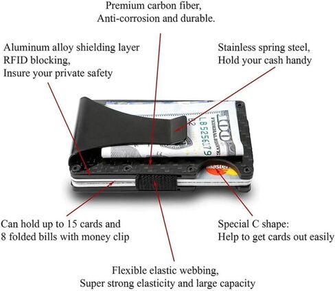 محفظة من ألياف الكربون للرجال والنساء RFID Blocking محفظة نحيفة بمشبك ذكي من الألومنيوم معدن صلب هدية للزوج والزوجة ومشبك النقود وحامل بطاقة الائتمان النقدية، أسود، S, أسود, S, مُبسط in Kuwait