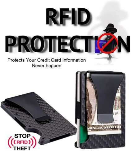 محفظة من ألياف الكربون للرجال والنساء RFID Blocking محفظة نحيفة بمشبك ذكي من الألومنيوم معدن صلب هدية للزوج والزوجة ومشبك النقود وحامل بطاقة الائتمان النقدية، أسود، S, أسود, S, مُبسط in Kuwait