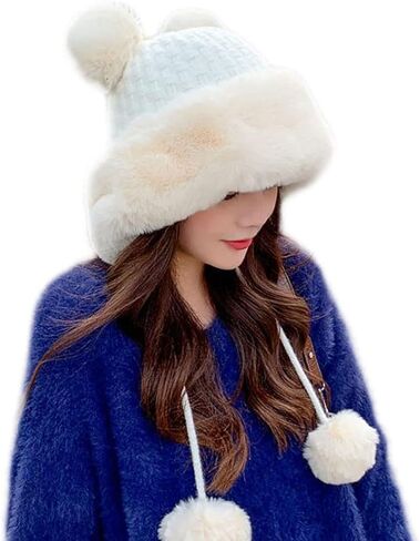 Winter Pompom Beanie Hats for Women Fluffy Knit Womens Beanie Faux Fur Crochet Skull Cap Warm Bucket Outdoor Ear Cover in Saudi Arabia