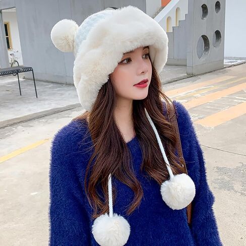 Winter Pompom Beanie Hats for Women Fluffy Knit Womens Beanie Faux Fur Crochet Skull Cap Warm Bucket Outdoor Ear Cover in Saudi Arabia