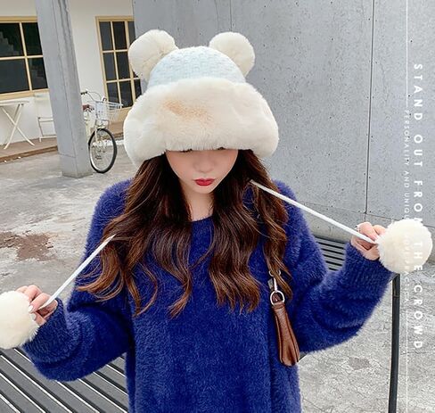 Winter Pompom Beanie Hats for Women Fluffy Knit Womens Beanie Faux Fur Crochet Skull Cap Warm Bucket Outdoor Ear Cover in Saudi Arabia