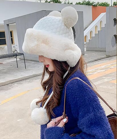 Winter Pompom Beanie Hats for Women Fluffy Knit Womens Beanie Faux Fur Crochet Skull Cap Warm Bucket Outdoor Ear Cover in Saudi Arabia