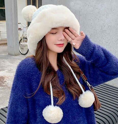 Winter Pompom Beanie Hats for Women Fluffy Knit Womens Beanie Faux Fur Crochet Skull Cap Warm Bucket Outdoor Ear Cover in Saudi Arabia