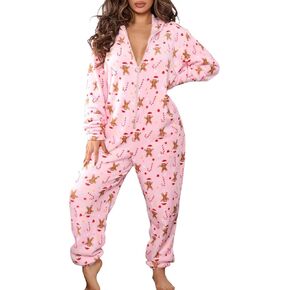 Luckinbaby Christmas Hooded Jumpsuit for Women Zipper Fleece One Piece Pjs Family Holiday Adult Cozy Pajamas Sleepwear in Kuwait