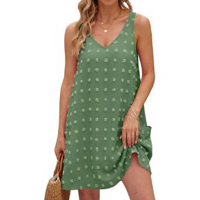 TECREW Women's Summer Sleeveless V Neck Tank Dress Swiss Dot Beach Cover Up Mini Dress with Pockets