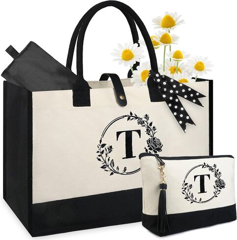 BeeGreen Birthday Gifts for Women w Cosmetic Bag Personalized Gifts for Women w Magnetic Buckle & Inner Zipper Pockets Initial Canvas Tote Bag Embroidery Monogram Gifts for Women Mom Mother 13oz T in Saudi Arabia