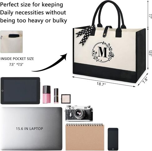 BeeGreen Birthday Gifts for Women w Cosmetic Bag Personalized Gifts for Women w Magnetic Buckle & Inner Zipper Pockets Initial Canvas Tote Bag Embroidery Monogram Gifts for Women Mom Mother 13oz T in Saudi Arabia