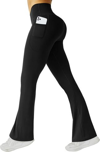 FireSwan Women's Flare Yoga Pants with Pockets V Waist Flared Leggings High Waisted Bootcut Workout Pants Tummy Control(Black L) in Saudi Arabia
