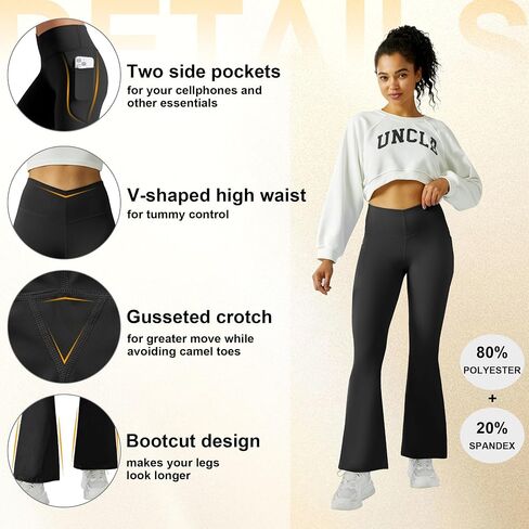 FireSwan Women's Flare Yoga Pants with Pockets V Waist Flared Leggings High Waisted Bootcut Workout Pants Tummy Control(Black L) in Saudi Arabia