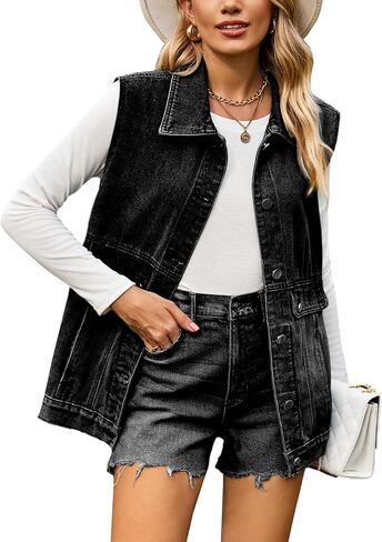 سترة جينز حريمي من قماش الدنيم من Gratoryna مقاس كبير بدون أكمام وأزرار سفلية متوسطة الطول من قماش الدنيم in Kuwait